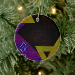 SlipperyJoe's Hanukkah-themed image golden yellow  Ceramic Tree Decoration<br><div class="desc">SlipperyJoe's Hanukkah-themed image golden yellow Star of David blue candles with orange flames Menorah-inspired art gift idea Jewish identity spirituality holiday retro bold symmetrical pattern diamond-shaped grid background blends tradition and vibrant design purple black chequerboard effect Hebrew religious celebration</div>
