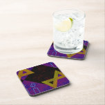 SlipperyJoe's Hanukkah-themed image golden yellow  Coaster<br><div class="desc">SlipperyJoe's Hanukkah-themed image golden yellow Star of David blue candles with orange flames Menorah-inspired art gift idea Jewish identity spirituality holiday retro bold symmetrical pattern diamond-shaped grid background blends tradition and vibrant design purple black chequerboard effect Hebrew religious celebration</div>