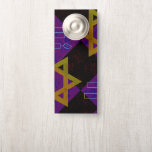 SlipperyJoe's Hanukkah-themed image golden yellow  Door Hanger<br><div class="desc">SlipperyJoe's Hanukkah-themed image golden yellow Star of David blue candles with orange flames Menorah-inspired art gift idea Jewish identity spirituality holiday retro bold symmetrical pattern diamond-shaped grid background blends tradition and vibrant design purple black chequerboard effect Hebrew religious celebration</div>