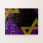 SlipperyJoe's Hanukkah-themed image golden yellow  Jigsaw Puzzle<br><div class="desc">SlipperyJoe's Hanukkah-themed image golden yellow Star of David blue candles with orange flames Menorah-inspired art gift idea Jewish identity spirituality holiday retro bold symmetrical pattern diamond-shaped grid background blends tradition and vibrant design purple black chequerboard effect Hebrew religious celebration</div>