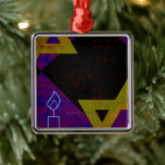 SlipperyJoe's Hanukkah-themed image golden yellow  Metal Tree Decoration<br><div class="desc">SlipperyJoe's Hanukkah-themed image golden yellow Star of David blue candles with orange flames Menorah-inspired art gift idea Jewish identity spirituality holiday retro bold symmetrical pattern diamond-shaped grid background blends tradition and vibrant design purple black chequerboard effect Hebrew religious celebration</div>