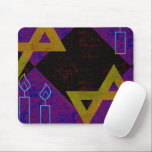 SlipperyJoe's Hanukkah-themed image golden yellow  Mouse Pad<br><div class="desc">SlipperyJoe's Hanukkah-themed image golden yellow Star of David blue candles with orange flames Menorah-inspired art gift idea Jewish identity spirituality holiday retro bold symmetrical pattern diamond-shaped grid background blends tradition and vibrant design purple black chequerboard effect Hebrew religious celebration</div>