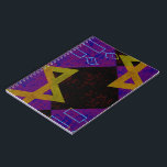 SlipperyJoe's Hanukkah-themed image golden yellow  Notebook<br><div class="desc">SlipperyJoe's Hanukkah-themed image golden yellow Star of David blue candles with orange flames Menorah-inspired art gift idea Jewish identity spirituality holiday retro bold symmetrical pattern diamond-shaped grid background blends tradition and vibrant design purple black chequerboard effect Hebrew religious celebration</div>