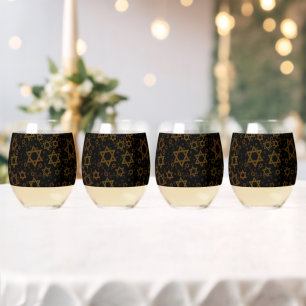 SlipperyJoe's Hanukkah-themed Star David artistic  Stemless Wine Glass