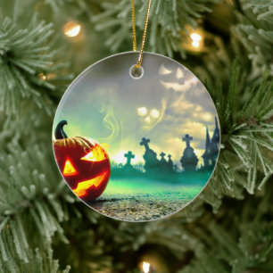SlipperyJoe's Happy Halloween cemetery graveyard c Ceramic Tree Decoration