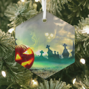 SlipperyJoe's Happy Halloween cemetery graveyard c Glass Tree Decoration
