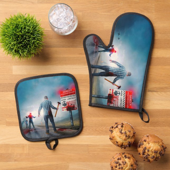 SlipperyJoe's Happy Halloween dead zombies scary b Oven Mitt & Pot Holder Set (Top Down)