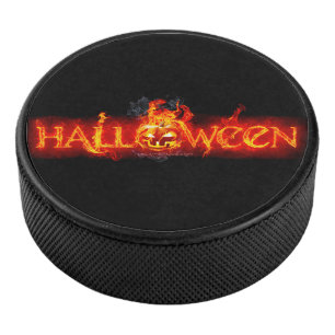 SlipperyJoe's Happy Halloween pumpkin glowing eyes Hockey Puck
