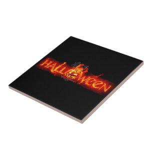 SlipperyJoe's Happy Halloween pumpkin glowing eyes Tile