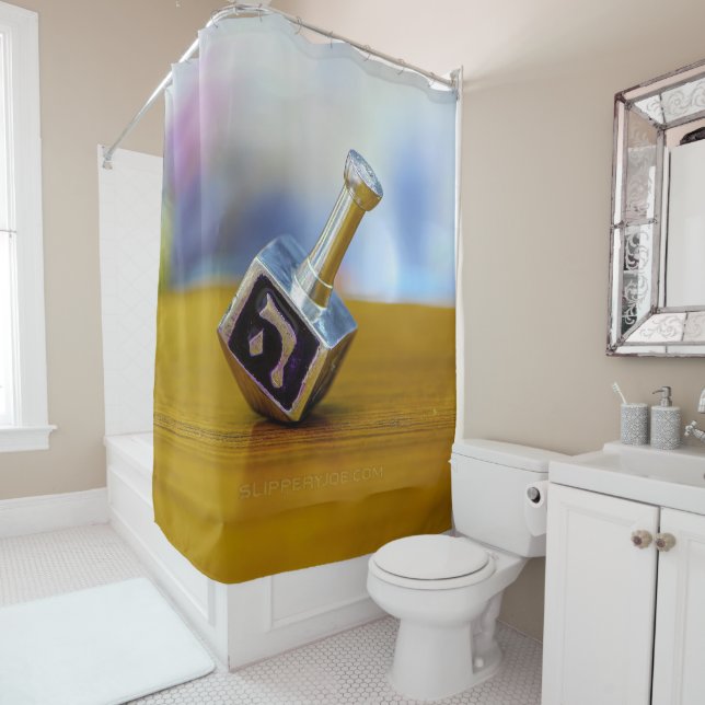 SlipperyJoe's Happy Hanukkah four-sided spinning t Shower Curtain (In Situ)