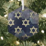SlipperyJoe's Happy Hanukkah multiple Star of Davi Glass Tree Decoration<br><div class="desc">SlipperyJoe's Happy Hanukkah multiple Star of David symbols artistic Celebration Jewish Hebrew Chanukah gifts decorations Judaism religion significant symbol relevant cultural religious contexts various hexagonal shapes dark blue purple hues dark abstract background layered textured appearance</div>