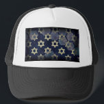 SlipperyJoe's Happy Hanukkah multiple Star of Davi Trucker Hat<br><div class="desc">SlipperyJoe's Happy Hanukkah multiple Star of David symbols artistic Celebration Jewish Hebrew Chanukah gifts decorations Judaism religion significant symbol relevant cultural religious contexts various hexagonal shapes dark blue purple hues dark abstract background layered textured appearance</div>