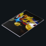 SlipperyJoe's Happy Hanukkah Star of David coin me Notebook<br><div class="desc">SlipperyJoe's Happy Hanukkah Star of David coin menorah colourful candles Celebration Jewish sufganiyah treat Hebrew Chanukah dreidels traditional spinning tops gifts decorations Judaism religion artistic jelly-filled doughnut powdered sugar</div>