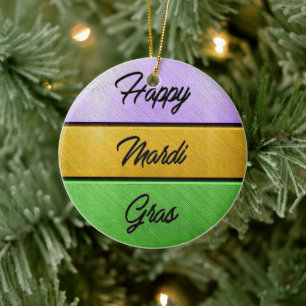 SlipperyJoe's Happy Mardi Gras purple gold green b Ceramic Tree Decoration