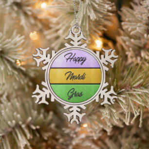 SlipperyJoe's Happy Mardi Gras purple gold green b Snowflake Pewter Christmas Ornament