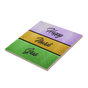 SlipperyJoe's Happy Mardi Gras purple gold green b Tile