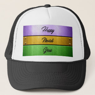 SlipperyJoe's Happy Mardi Gras purple gold green b Trucker Hat