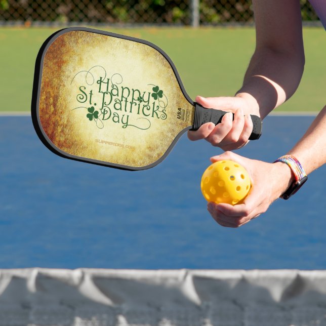 SlipperyJoe's Happy St. Patrick's Day three-leaf c Pickleball Paddle (Insitu)