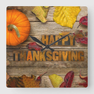 SlipperyJoe's Happy Thanksgiving pumpkin dried lea Square Wall Clock