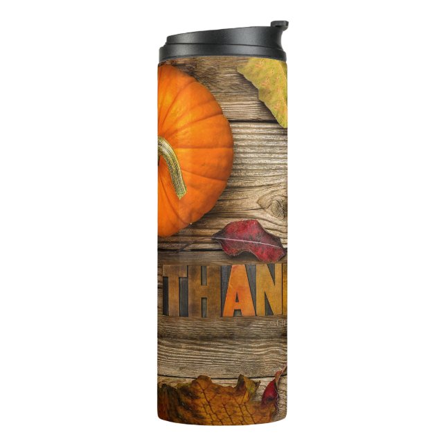 SlipperyJoe's Happy Thanksgiving pumpkin dried lea Thermal Tumbler (Rotated Left)