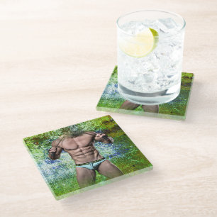 SlipperyJoe's highly muscular adult man shirtless  Glass Coaster
