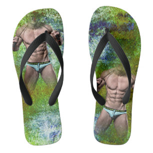 SlipperyJoe's highly muscular adult man shirtless  Jandals