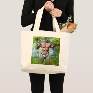SlipperyJoe's highly muscular adult man shirtless Large Tote Bag