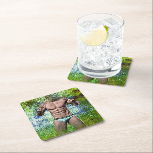 SlipperyJoe's highly muscular adult man shirtless  Square Paper Coaster