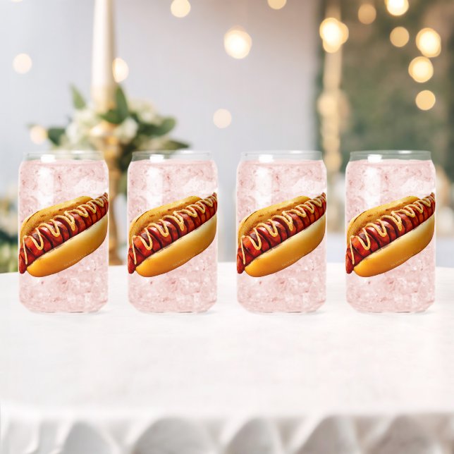 SlipperyJoe's hot dog nestled soft bun vibrant yel Can Glass (Insitu (Wedding))