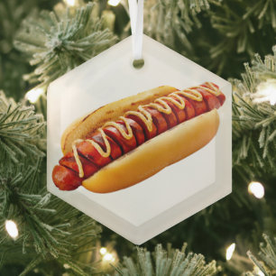 SlipperyJoe's hot dog nestled soft bun vibrant yel Glass Tree Decoration