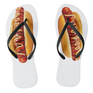 SlipperyJoe's hot dog nestled soft bun vibrant yel Jandals