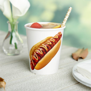 SlipperyJoe's hot dog nestled soft bun vibrant yel Paper Cups