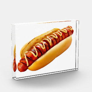 SlipperyJoe's hot dog nestled soft bun vibrant yel Photo Block