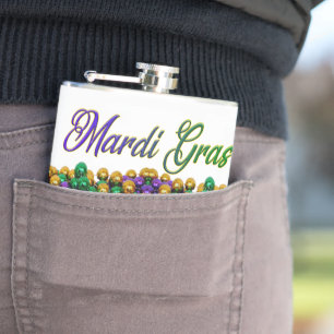 SlipperyJoe's iconic Mardi Gras–themed image elega Hip Flask