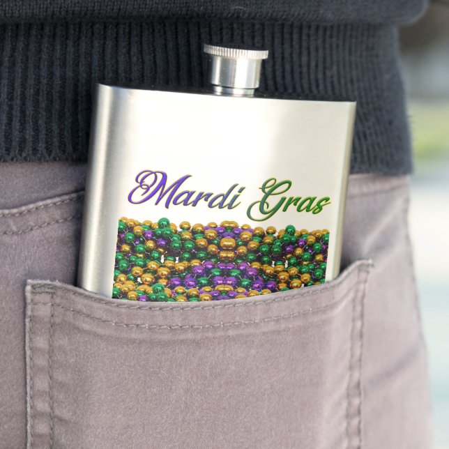 SlipperyJoe's iconic Mardi Gras–themed image elega Hip Flask (In Situ)