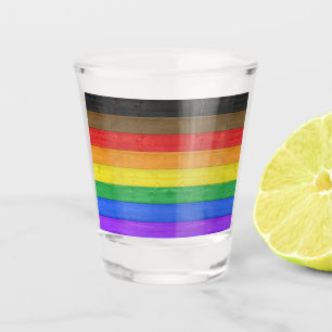 SlipperyJoe's Inclusive gay pride flag textured ru Shot Glass