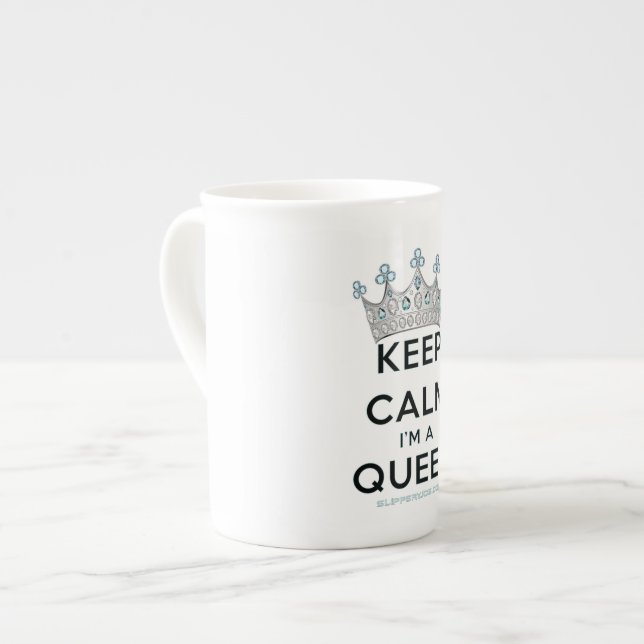 SlipperyJoe's Keep Calm Queen royal crown jewels a Bone China Mug (Front Left)