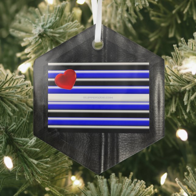 SlipperyJoe's leather pride flag black royal blue  Glass Tree Decoration (Insitu)