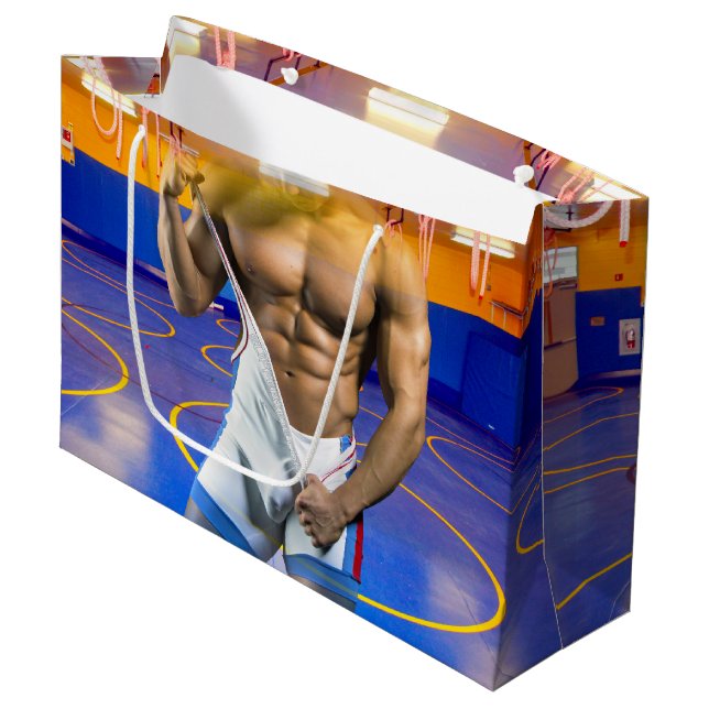 SlipperyJoe's Man six-pack wrestling singlet gym b Large Gift Bag (Front Angled)