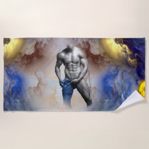 SlipperyJoe's Man steamy shirtless abs sixpack put Beach Towel