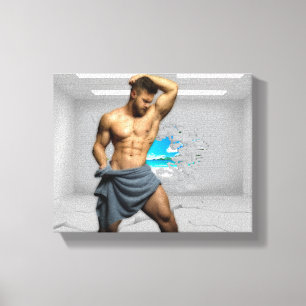 SlipperyJoe's Man towel broken white brick wall ba Canvas Print