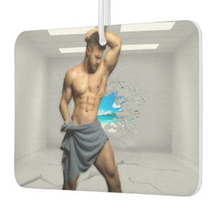 SlipperyJoe's Man towel broken white brick wall ba Car Air Freshener