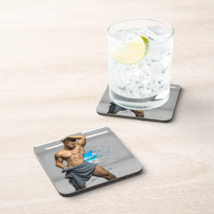 SlipperyJoe's Man towel broken white brick wall ba Coaster