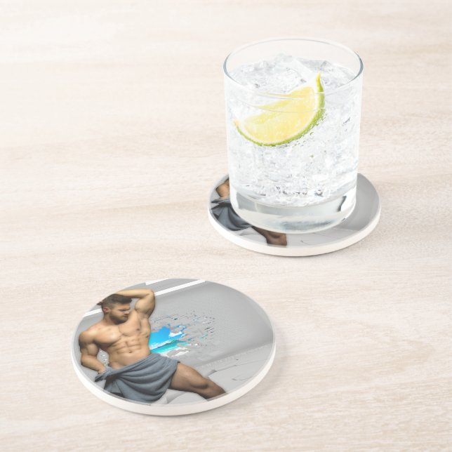 SlipperyJoe's Man towel broken white brick wall ba Coaster (Side)