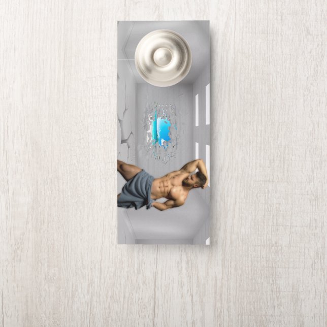 SlipperyJoe's Man towel broken white brick wall ba Door Hanger (On Knob)