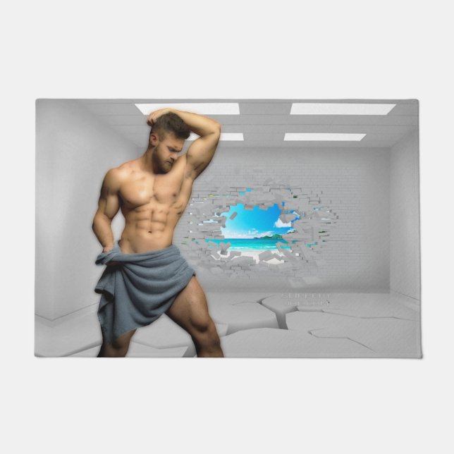 SlipperyJoe's Man towel broken white brick wall ba Doormat (Front)