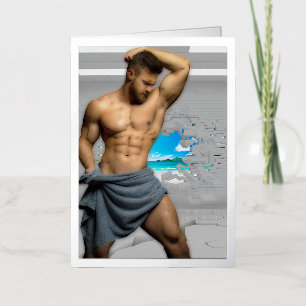 SlipperyJoe's Man towel broken white brick wall ba Foil Greeting Card