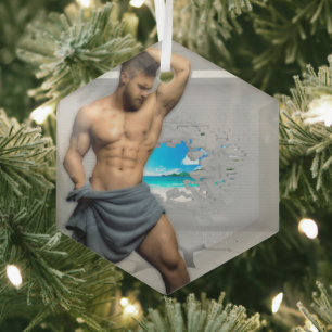 SlipperyJoe's Man towel broken white brick wall ba Glass Tree Decoration