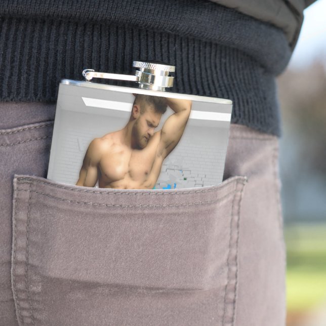 SlipperyJoe's Man towel broken white brick wall ba Hip Flask (In Situ)