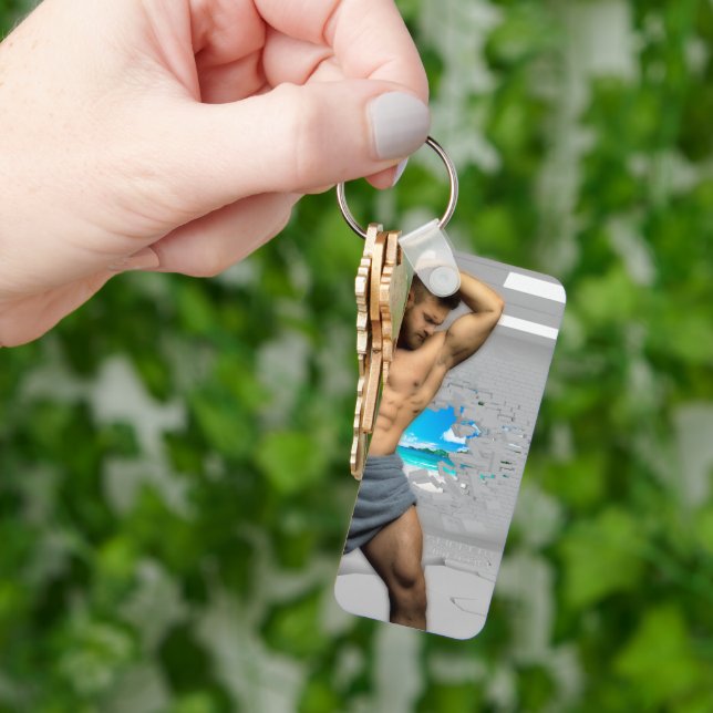 SlipperyJoe's Man towel broken white brick wall ba Key Ring (Hand)